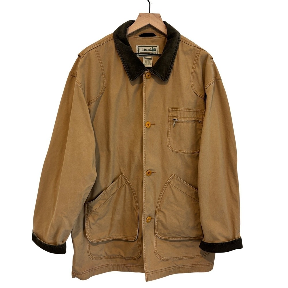 LL Bean Field Coat Barn Jacket Men 2XL Tan Cotton Canvas Red Plaid Lined Chore